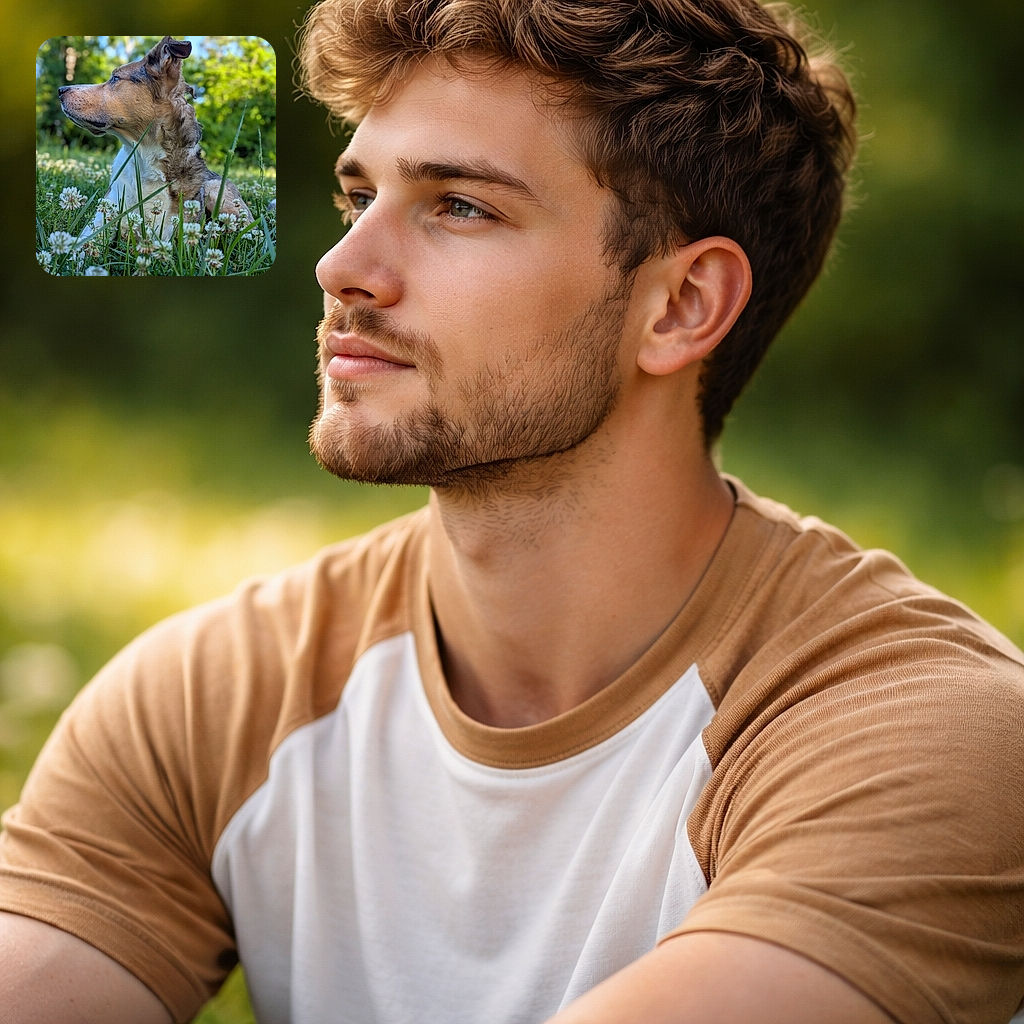 A serene dog lounges in a lush green meadow dotted with white clover flowers, gazing thoughtfully into the distance as the soft sunlight filters through the trees, creating a peaceful and natural portrait.