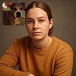 A cozy indoor photo featuring a dog with soulful eyes lying on a bed or couch. The background shows a patterned curtain and some household items, giving a warm, lived-in vibe but the image is a bit grainy and dimly lit.