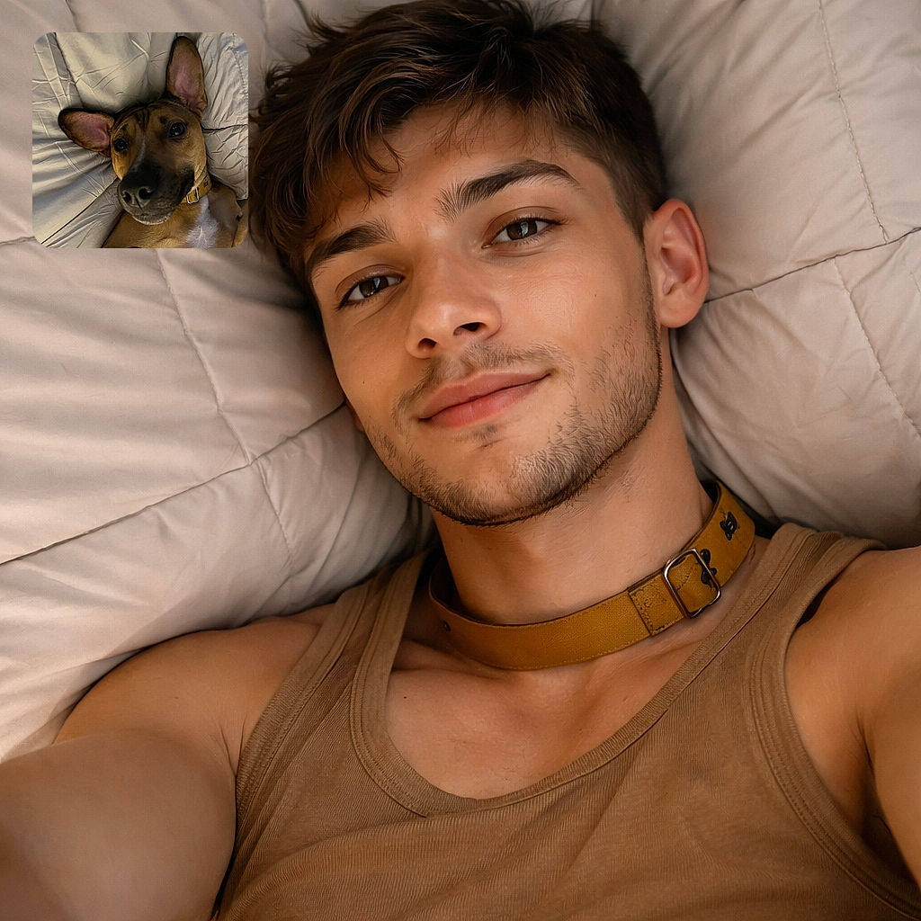 A close-up photo of a relaxed dog lying on a rumpled light-colored blanket, looking up with big ears flopped out and curious eyes, capturing a cozy and intimate moment.