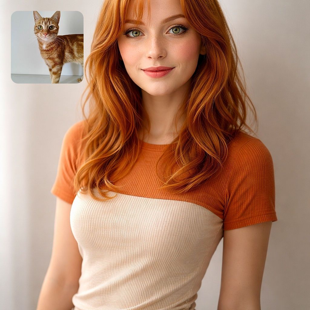 A curious ginger tabby cat with striking green eyes stands alert against a plain white backdrop, its fur beautifully detailed and whiskers perfectly sharp, as if ready to pounce on an invisible toy.