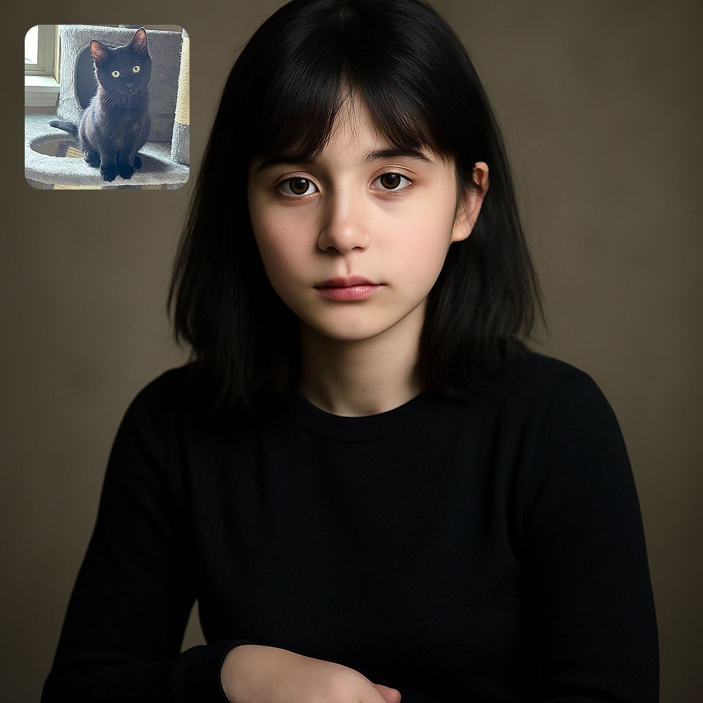 A curious black kitten with bright yellow eyes is perched on a cozy gray cat tree, looking slightly to the side as soft natural light filters in from a nearby window, casting gentle shadows and highlighting its shiny fur.