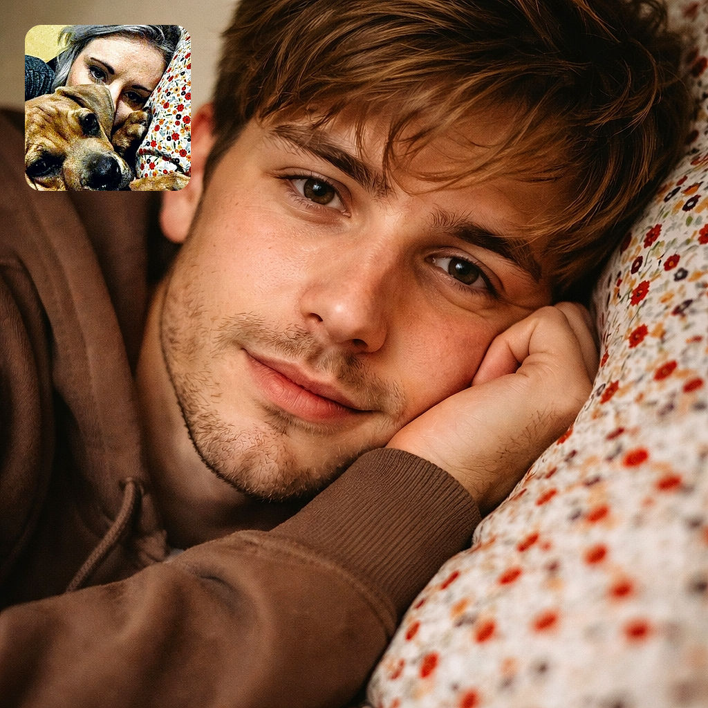 A cozy, slightly grainy close-up of a person and their soulful, droopy-faced dog squished together on a floral pillow — the human peeks over the pup with sleepy eyes while the dog gives a lovable, slightly slobbery stare, like an audition for "Best Lazy Duo" after a long day of napping.