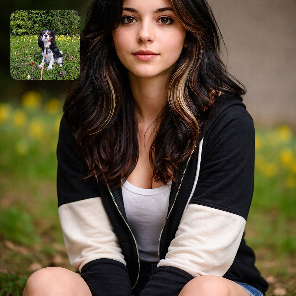 A charming tricolor Cavalier King Charles Spaniel sits patiently on a lush green patch sprinkled with daisies and yellow flowers, leash in tow, with a backdrop of dense leafy bushes. The dog's expressive eyes and slightly raised head give it a regal yet adorable look, as if it's the king of the garden.