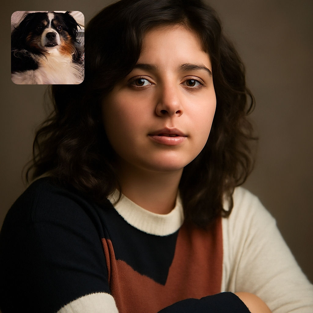 A close-up shot of a fluffy dog with a mix of black, white, and brown fur, looking slightly off-camera. The dog's fur is soft and voluminous, and the background includes a cozy setting with fabric and possibly a person's arm in a white sleeve.