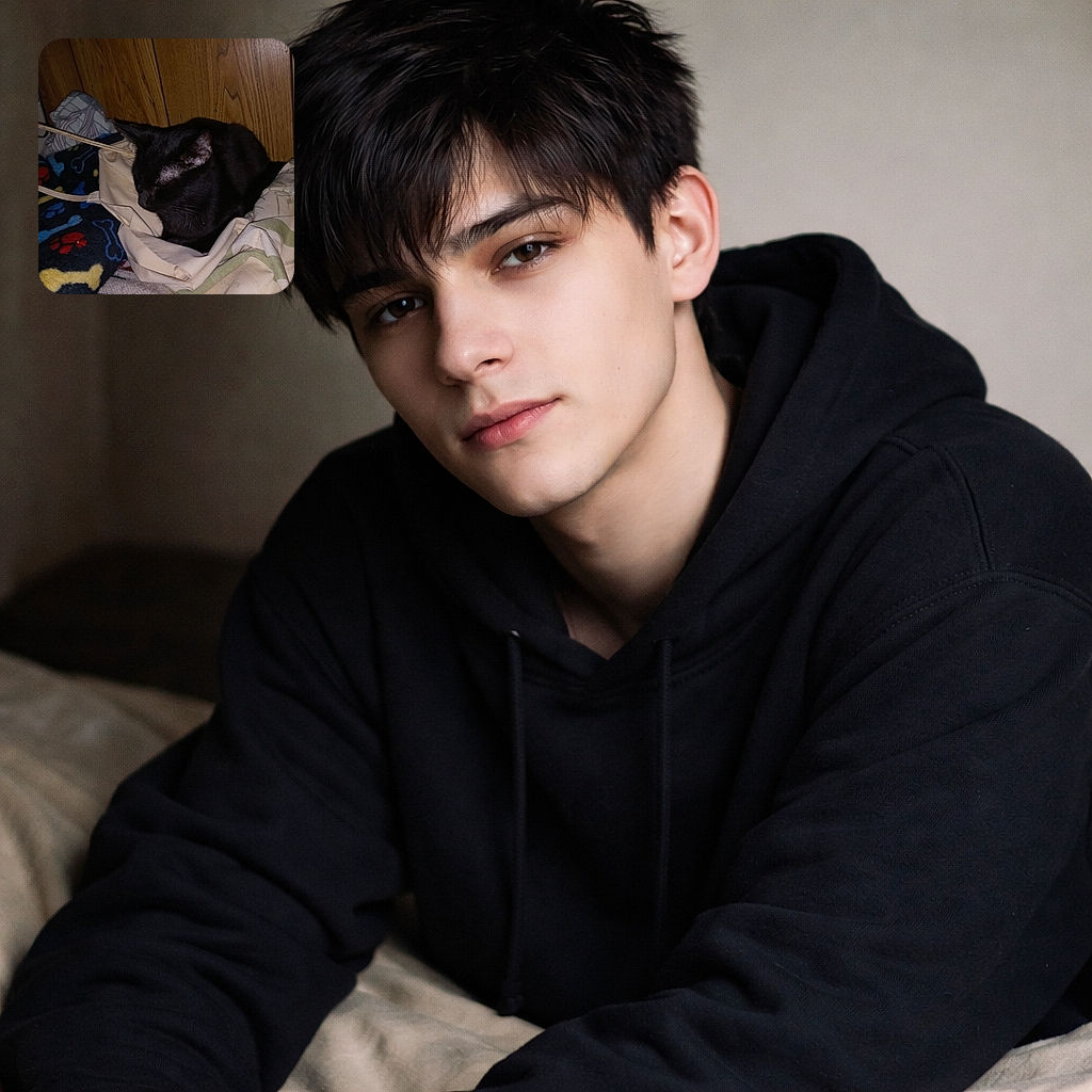 A glossy black cat has claimed a tote bag as its throne, nestled on a colorful paw-print blanket in front of wood-paneled walls — eyes almost shut, whiskers catching the flash, surrounded by cords and bedding. Clearly plotting world domination from inside a shopping bag.
