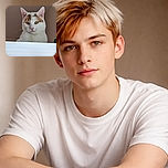 A curious white cat with orange patches peers over a white surface, gazing intently with bright yellow eyes and upright ears, set against a plain beige background.