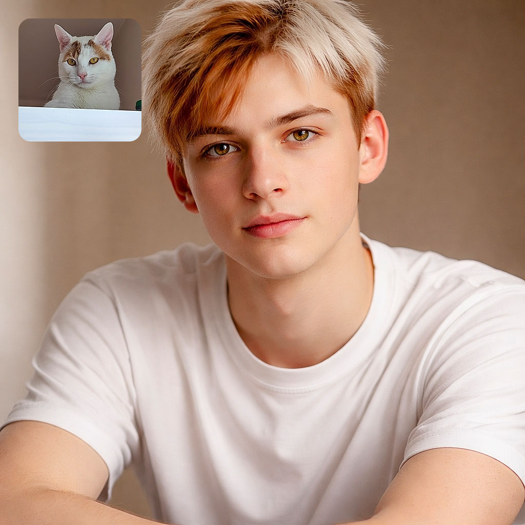A curious white cat with orange patches peers over a white surface, gazing intently with bright yellow eyes and upright ears, set against a plain beige background.