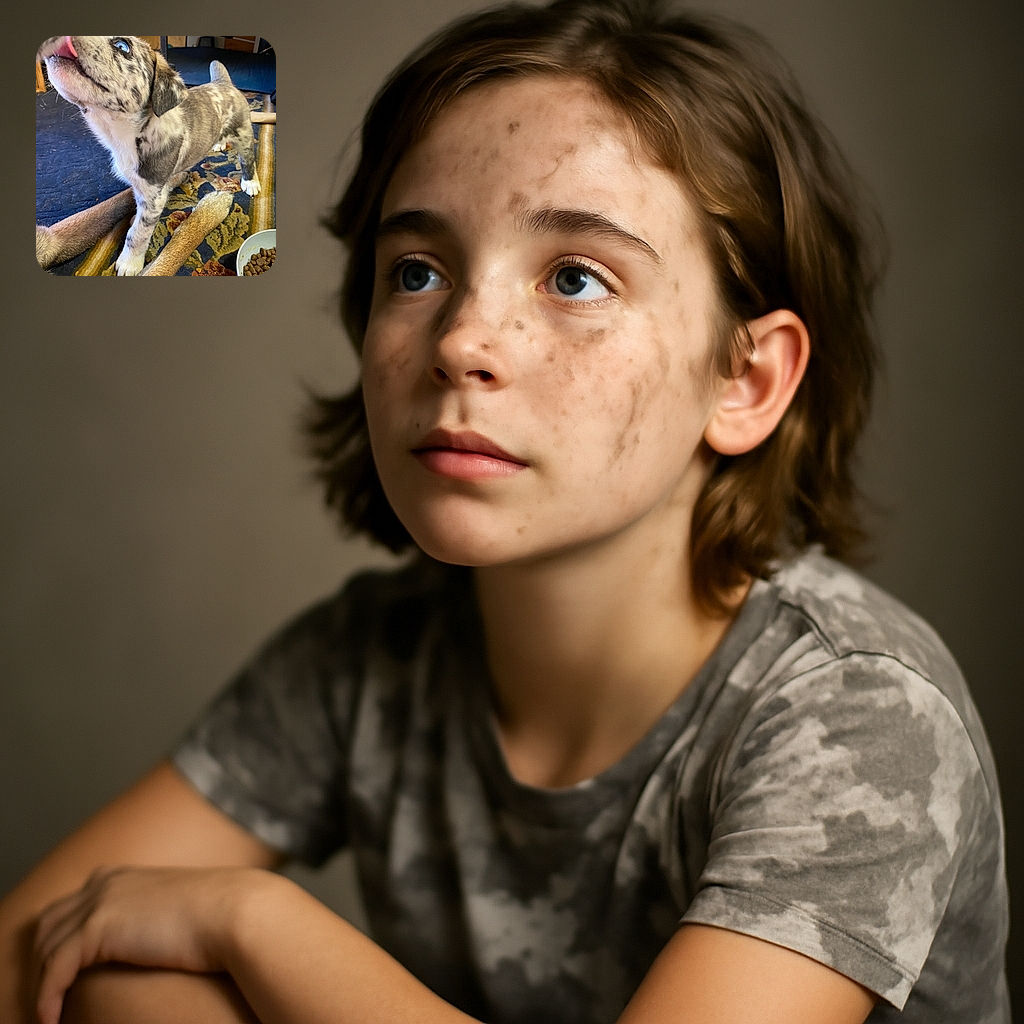 A spotted puppy with striking blue eyes looks up eagerly, tongue out, while a larger dog’s legs rest nearby on a patterned rug next to a bowl of kibble, capturing a cozy indoor moment of puppy curiosity and sibling companionship.