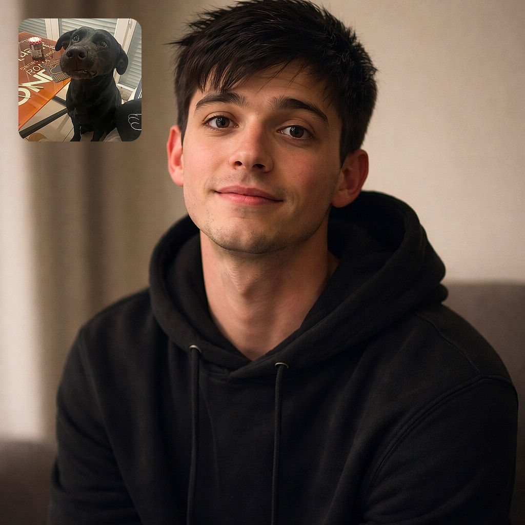 A lovable black dog leans into the camera with a hopeful, slightly guilty expression—his nose practically touching the lens. He's sitting next to a table with a jar on it, slippers on the floor, and closed blinds behind him. The close-up makes his shiny eyes and snout the star of the frame, like a snack-seeking detective caught in the act.