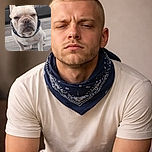 A grumpy-looking French Bulldog wearing a blue bandana sits on a wooden floor with a leather couch in the background, giving off serious vibes like it just woke up from a nap it didn't want.