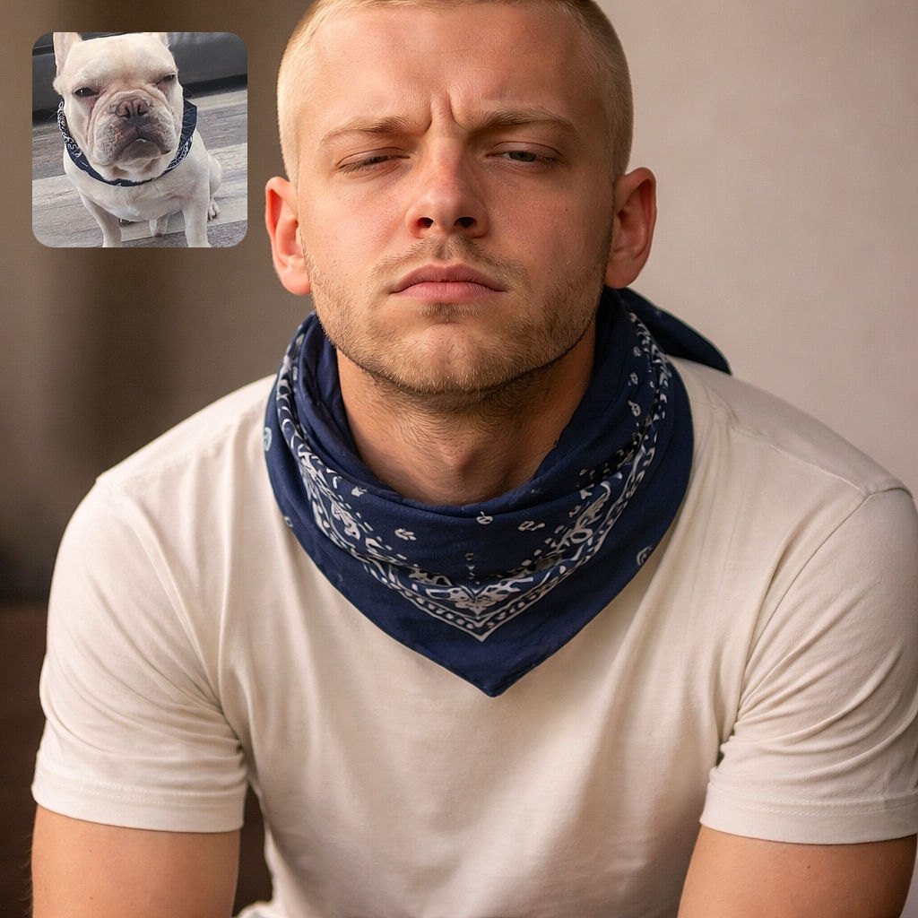 A grumpy-looking French Bulldog wearing a blue bandana sits on a wooden floor with a leather couch in the background, giving off serious vibes like it just woke up from a nap it didn't want.