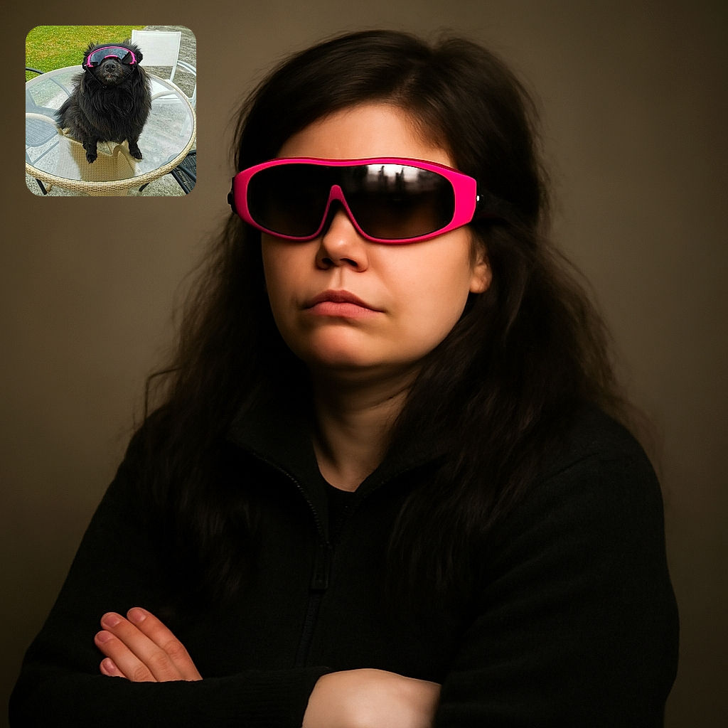 A fluffy black dog wearing oversized pink sunglasses sits confidently on a glass-top outdoor table, looking like the coolest canine in town ready to block out the haters and the sun.