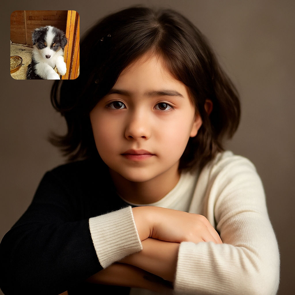 A fluffy, adorable puppy with a soft black and white coat leans on a wooden barrier, looking curiously downwards with tiny bits of bedding stuck in its fur, inside a cozy wooden enclosure filled with wood shavings and a food bowl nearby.