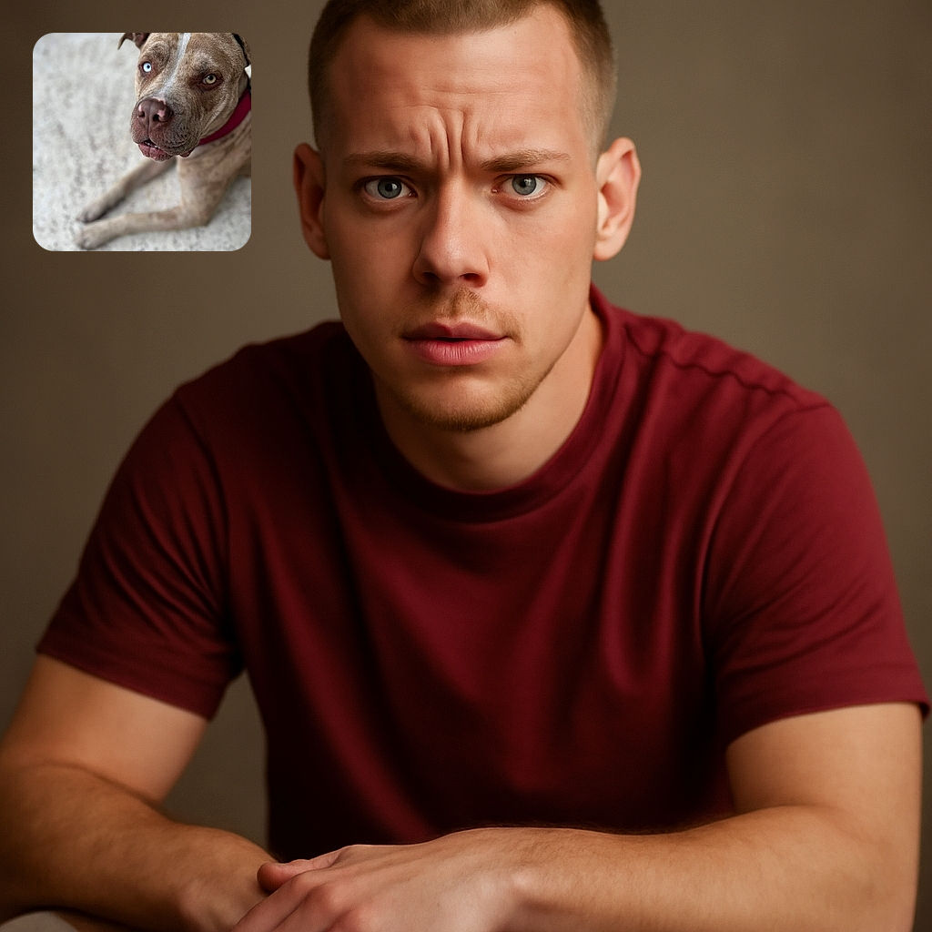 A close-up photo of a dog with striking heterochromia eyes, one blue and one brown, lying on a textured surface. The dog's expression is calm and curious, with a soft focus on the face and blurred legs in the background.