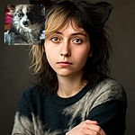 A fuzzy, slightly blurry close-up of a small dog with large ears and soulful eyes, posing indoors with a colorful but indistinct background.