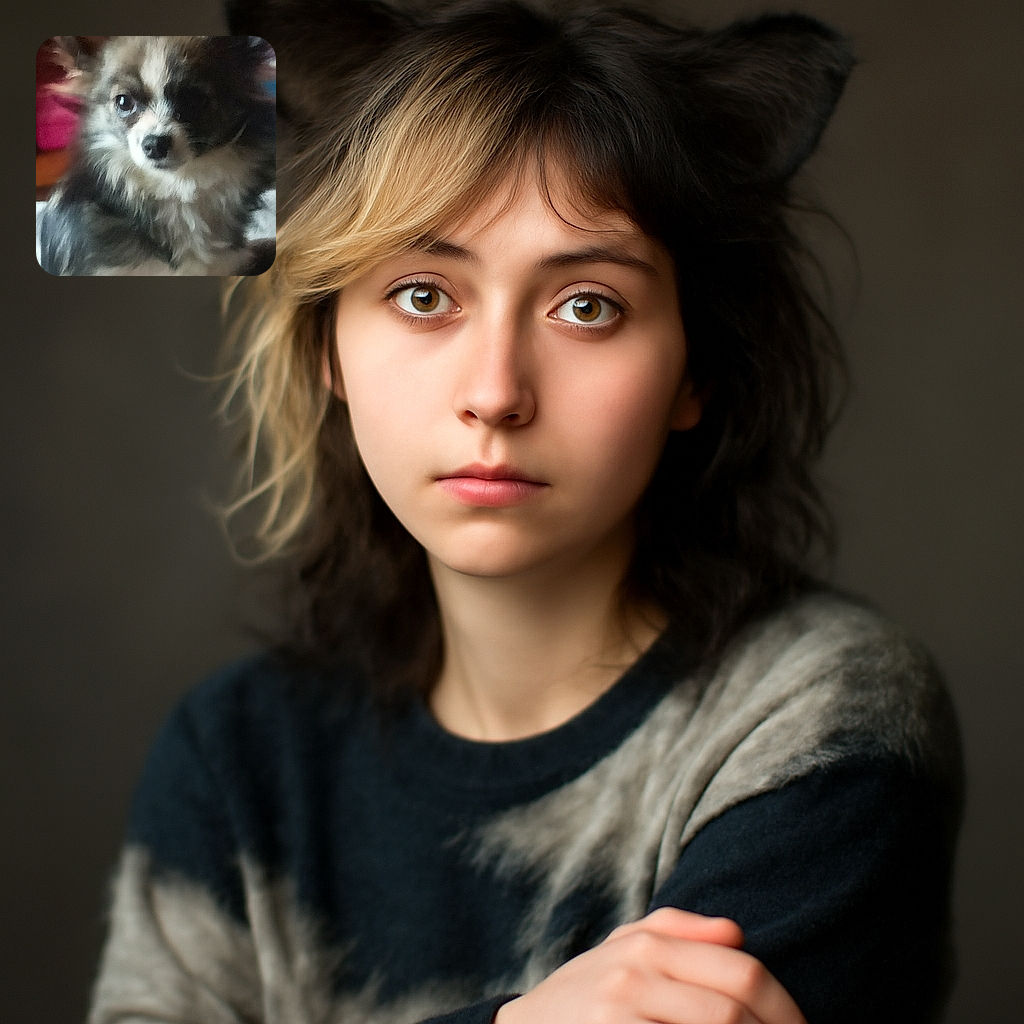 A fuzzy, slightly blurry close-up of a small dog with large ears and soulful eyes, posing indoors with a colorful but indistinct background.