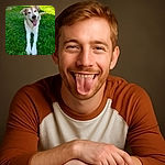 A happy dog lying on lush green grass with its tongue out, looking directly at the camera with a joyful expression, basking in bright natural sunlight.