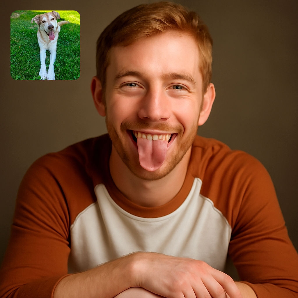 A happy dog lying on lush green grass with its tongue out, looking directly at the camera with a joyful expression, basking in bright natural sunlight.