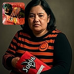 A regal Rottweiler lounges comfortably on a red leather couch, sporting a festive orange and black striped sweater with a cheerful pumpkin emblem. The dog rests its paw on a bright red 'Dogzilla' toy, looking calm and content in this cozy autumnal scene.