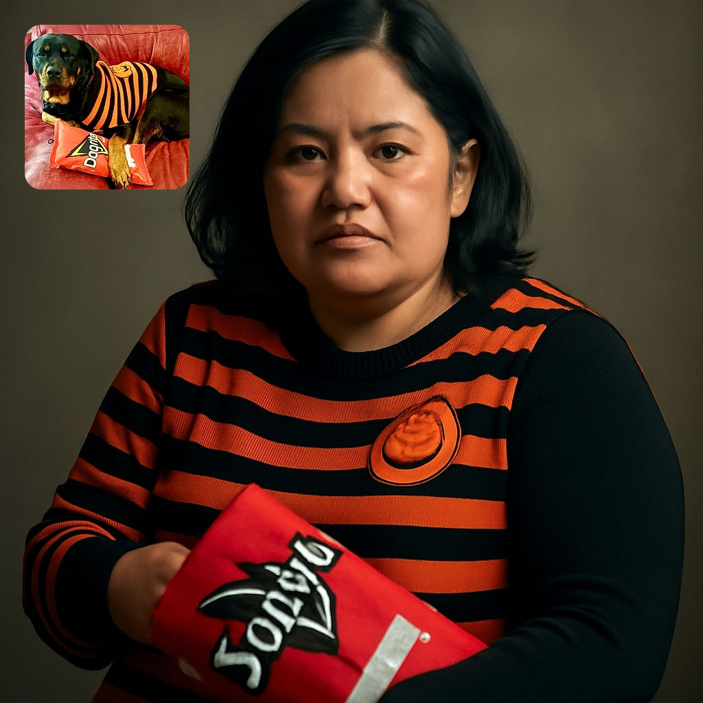 A regal Rottweiler lounges comfortably on a red leather couch, sporting a festive orange and black striped sweater with a cheerful pumpkin emblem. The dog rests its paw on a bright red 'Dogzilla' toy, looking calm and content in this cozy autumnal scene.