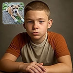 A charming young dog lounges on a dirt path, paws stretched out over a patch of green grass, with a focused and slightly curious expression that makes you want to know what it's thinking.
