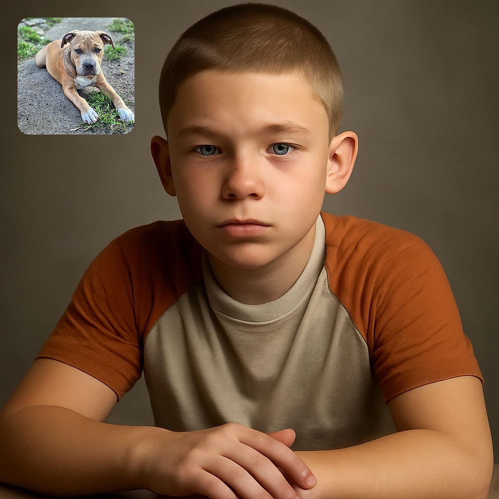 A charming young dog lounges on a dirt path, paws stretched out over a patch of green grass, with a focused and slightly curious expression that makes you want to know what it's thinking.