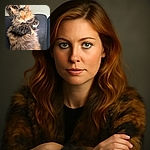 A fluffy, multi-colored cat lounges comfortably on a dark couch, looking up with striking green eyes that seem to pierce the camera lens. Behind the cat, a pair of leopard-print slippers rest on a tiled floor, adding a cozy homey vibe to the scene.