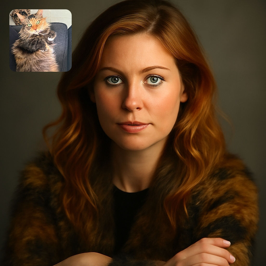 A fluffy, multi-colored cat lounges comfortably on a dark couch, looking up with striking green eyes that seem to pierce the camera lens. Behind the cat, a pair of leopard-print slippers rest on a tiled floor, adding a cozy homey vibe to the scene.