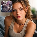 A curious dog with large ears is peering closely into the camera, its face filling most of the frame. The background shows a cozy indoor setting with plants, a rug, and furniture, giving a homey vibe. The lighting is a bit uneven, with some overexposure near the window.