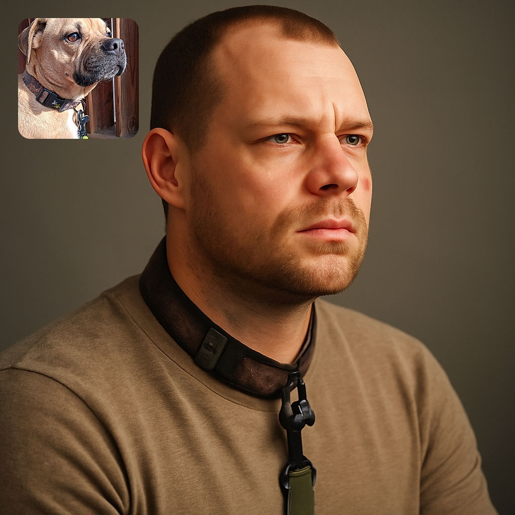 A close-up portrait of a thoughtful dog with warm brown eyes, sitting calmly in front of a wooden fence. The dog sports a rugged collar with a clip and a green leash, basking in natural sunlight that highlights the texture of its fur and the wood grain behind it.