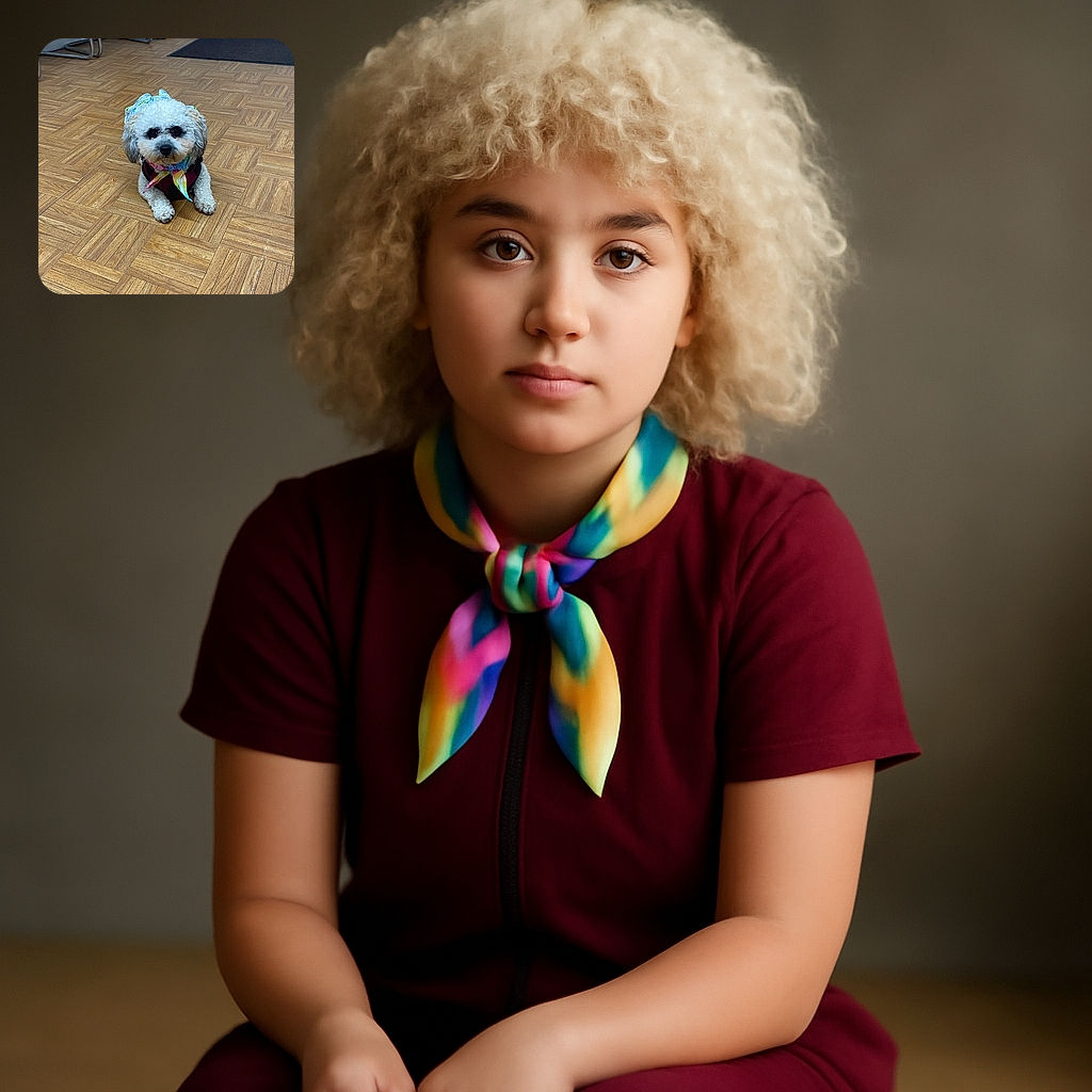 A fluffy white dog with a colorful scarf and harness is lying on a wooden parquet floor, looking straight at the camera with a curious and calm expression. In the background, there are two chairs and a door with a dark mat in front of it, giving a cozy indoor vibe.