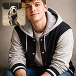 A hoodie-wearing dog stares up with big eyes like it's negotiating extra treats, sitting on a wood floor with a dramatic shadow that makes it look part-pet, part-superhero.