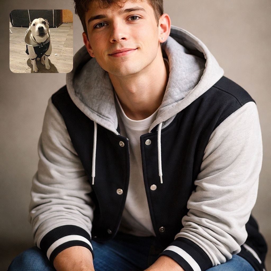 A hoodie-wearing dog stares up with big eyes like it's negotiating extra treats, sitting on a wood floor with a dramatic shadow that makes it look part-pet, part-superhero.