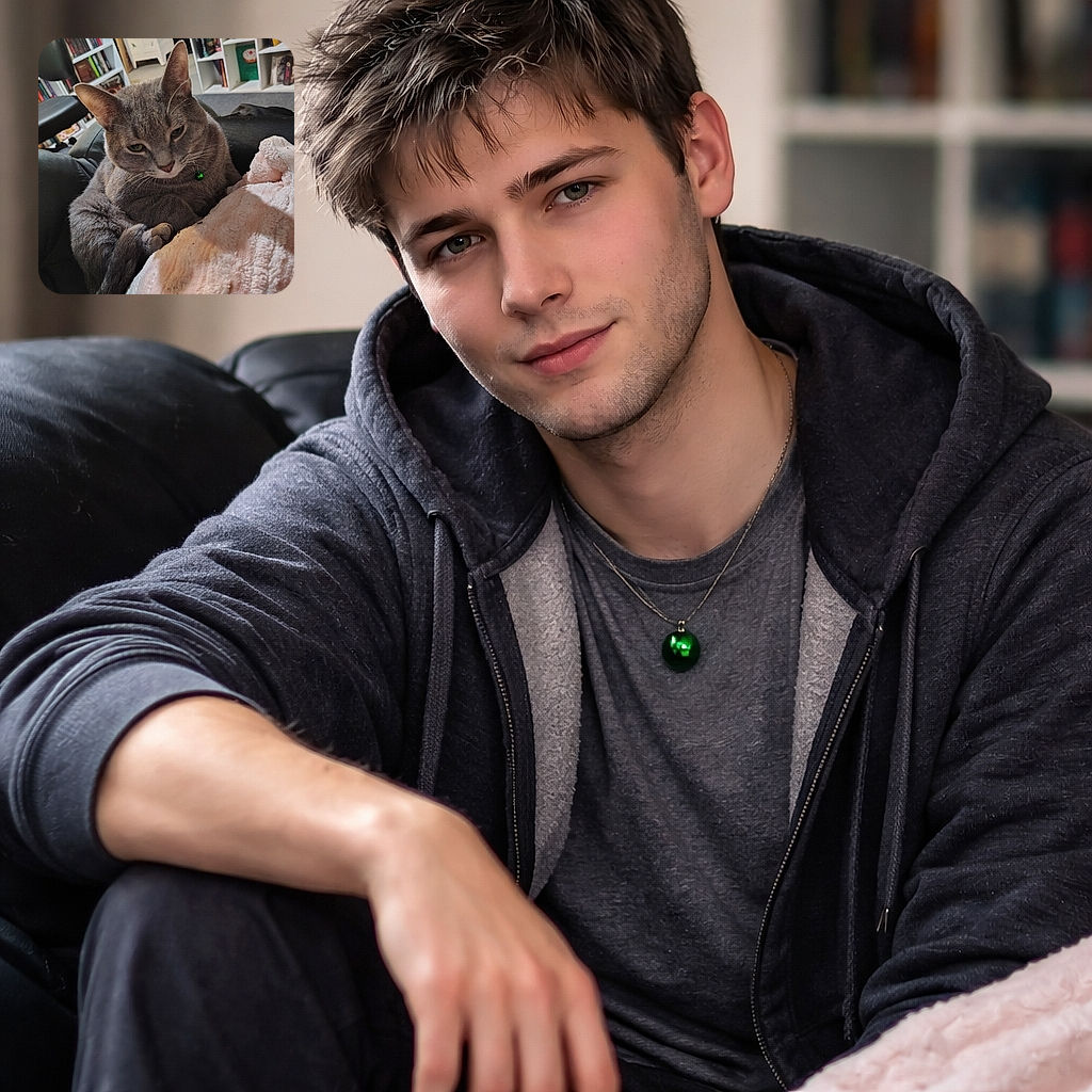 A cozy gray cat with a shiny green bell collar is lounging comfortably on a soft pink blanket, surrounded by a homey background of bookshelves and a black chair, looking slightly sleepy or contemplative.