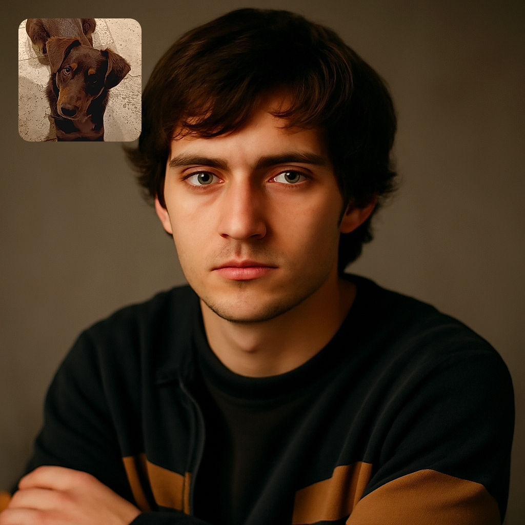 A charming brown and tan dog looking up with curious eyes while sitting on a textured stone floor, casting a soft shadow nearby.