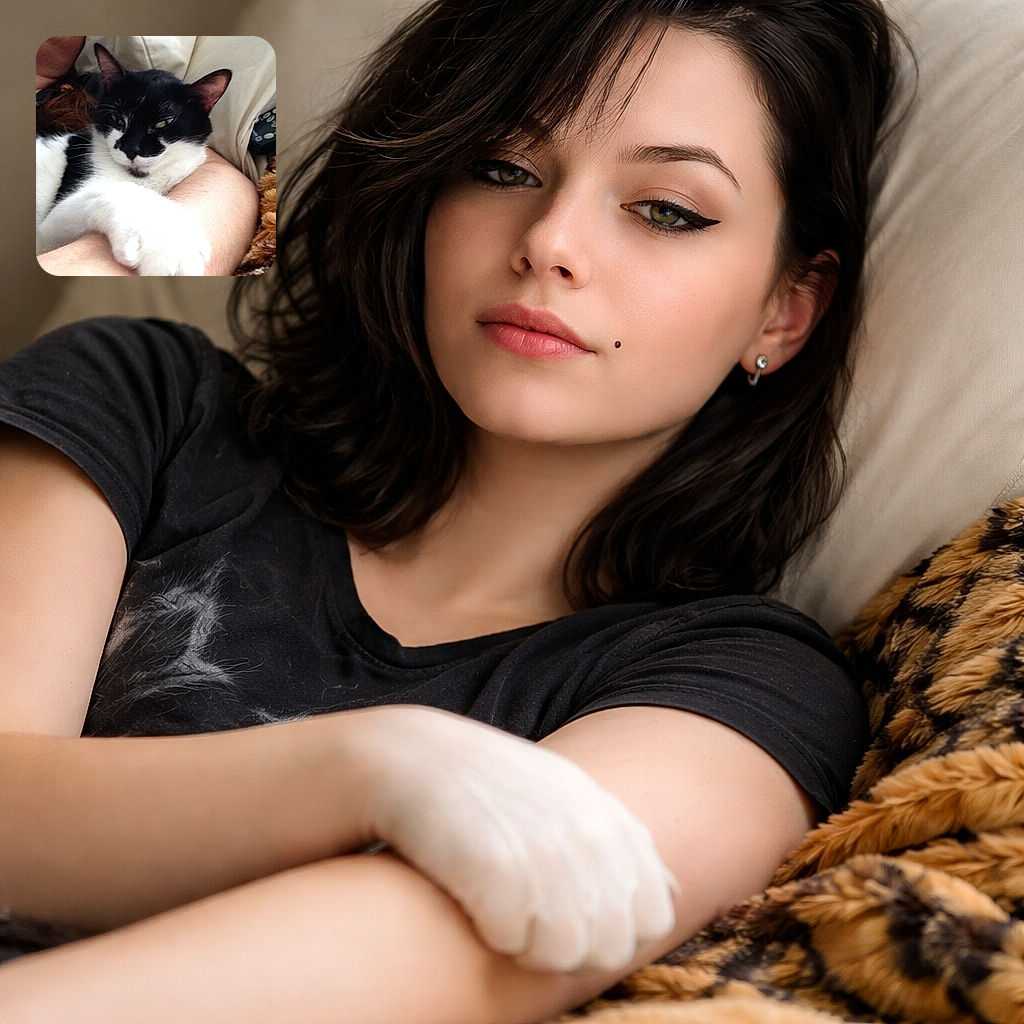 A sleepy tuxedo cat has claimed a human arm as a royal pillow, glaring with lazy dignity while a remote control looks on enviously from the side — cozy couch vibes and soft fur everywhere.