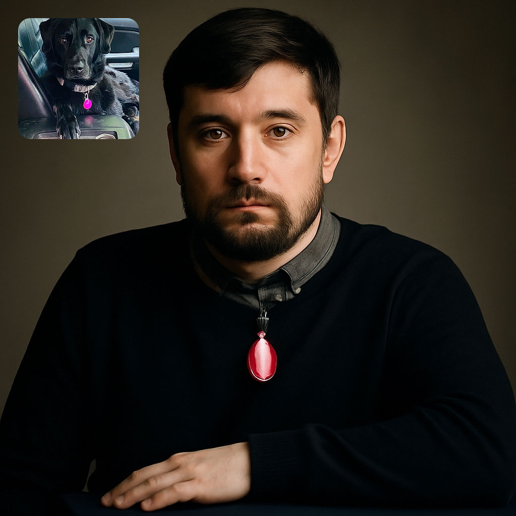 A shiny black dog lounges comfortably on a car seat, gazing directly at the camera with soulful eyes. The dog's pink tag contrasts vividly against its dark fur, and the interior of the vehicle provides a cozy backdrop.