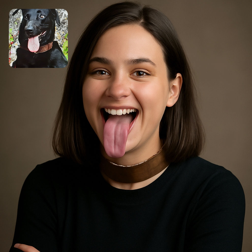 A happy black dog with a big pink tongue sticking out, wearing a brown collar, sitting outdoors against a textured stone wall with some green and red foliage around.