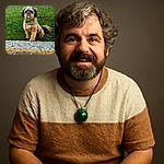 A fluffy dog with a slightly fierce expression showing its teeth sits on a grassy slope with a concrete barrier in the foreground and a parked GMC vehicle in the background.
