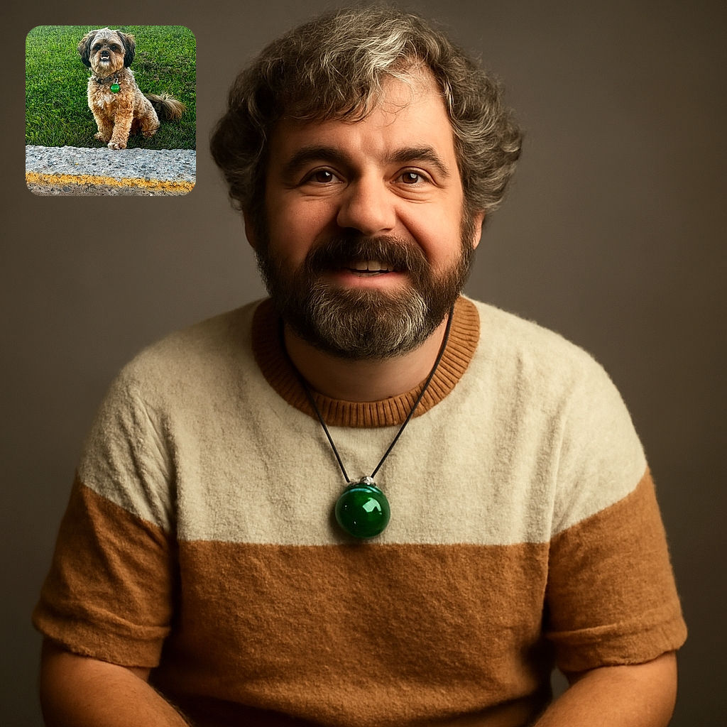 A fluffy dog with a slightly fierce expression showing its teeth sits on a grassy slope with a concrete barrier in the foreground and a parked GMC vehicle in the background.