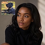 A handsome black dog lounges in the grass like a serious four-legged bodyguard, tongue peeking out while his leash lies dramatically across the autumn leaves. The soft golden background makes him look ready for a canine calendar shoot.