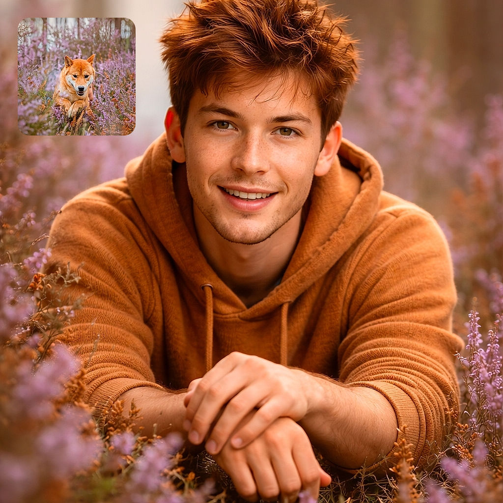 A mischievous Shiba-like dog bursts through a sea of purple wildflowers like it owns the meadow — ears up, grin showing, and paws parting the blossoms as if auditioning for a floral perfume ad.