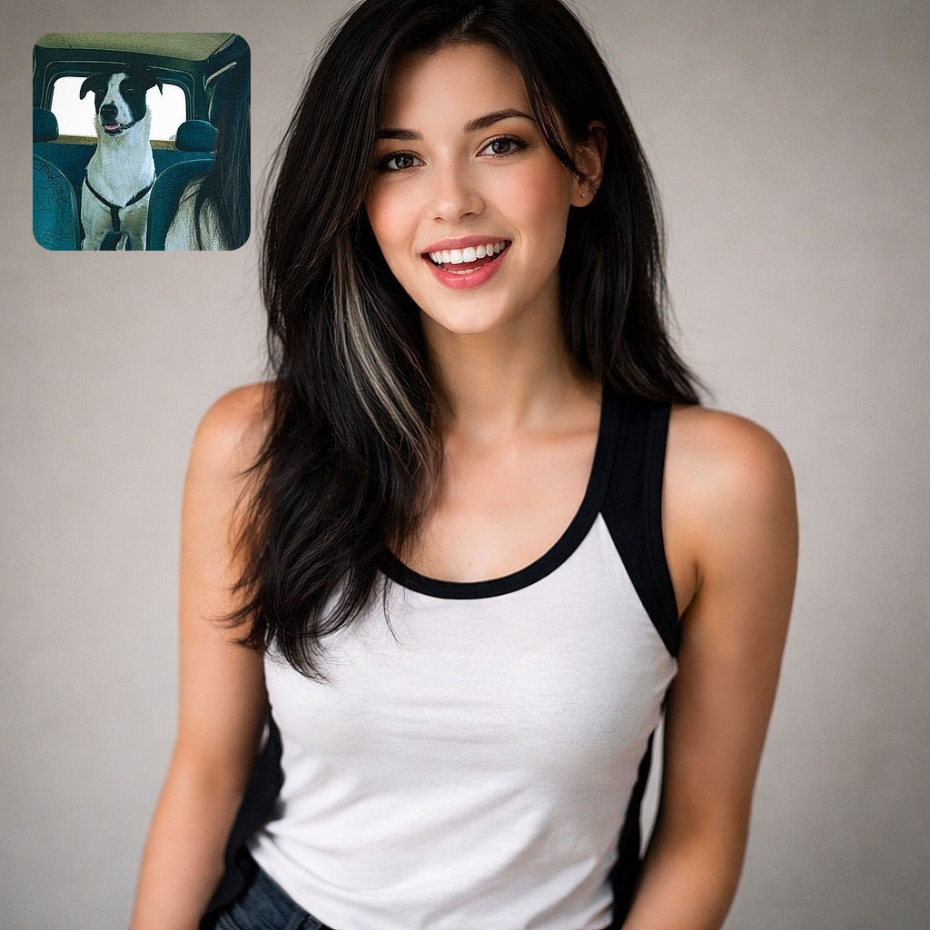 A cheerful black-and-white dog stands in the back of a car like it's the designated co-pilot: tongue slightly out, harness on, ears perked, and eyes scanning the horizon through the window while a human with long hair sits partially in frame. The interior upholstery and headrests frame the pooch, giving serious road-trip vibes and approximately zero concern about backseat snacks.