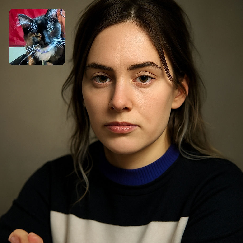 A close-up shot of a black and white cat with striking whiskers and a purple collar, partially obscuring a person's face wearing glasses in the background with a red backdrop.
