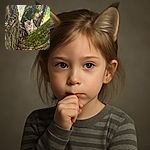 A curious kitten with wide eyes and a pink collar is perched snugly inside the crook of a moss-covered tree, blending natural textures with adorable feline innocence.