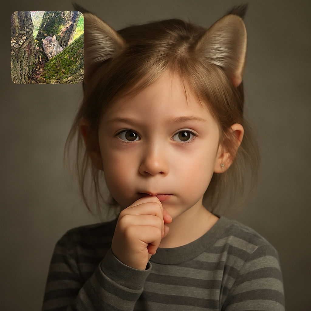 A curious kitten with wide eyes and a pink collar is perched snugly inside the crook of a moss-covered tree, blending natural textures with adorable feline innocence.