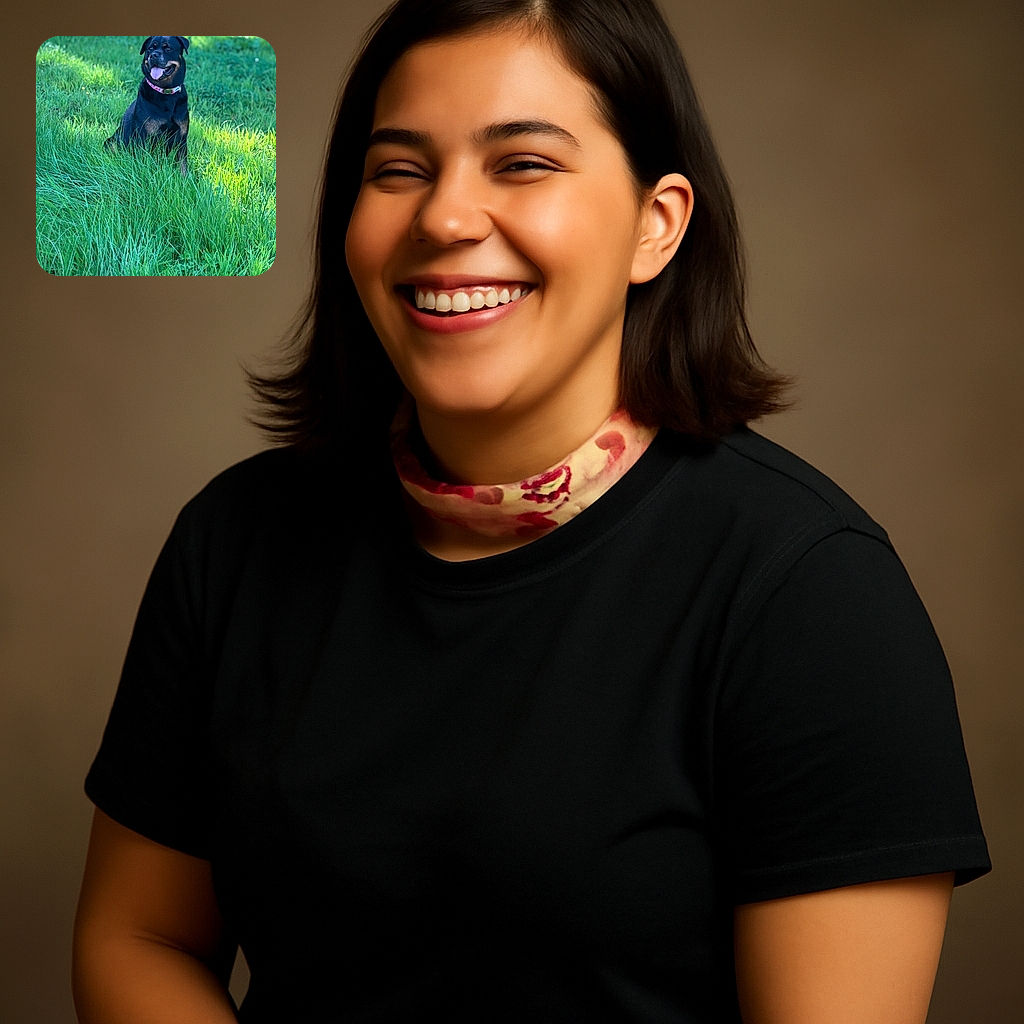 A happy Rottweiler dog with a colorful collar sits proudly in a lush green field of tall grass, tongue out and looking content in the bright daylight.