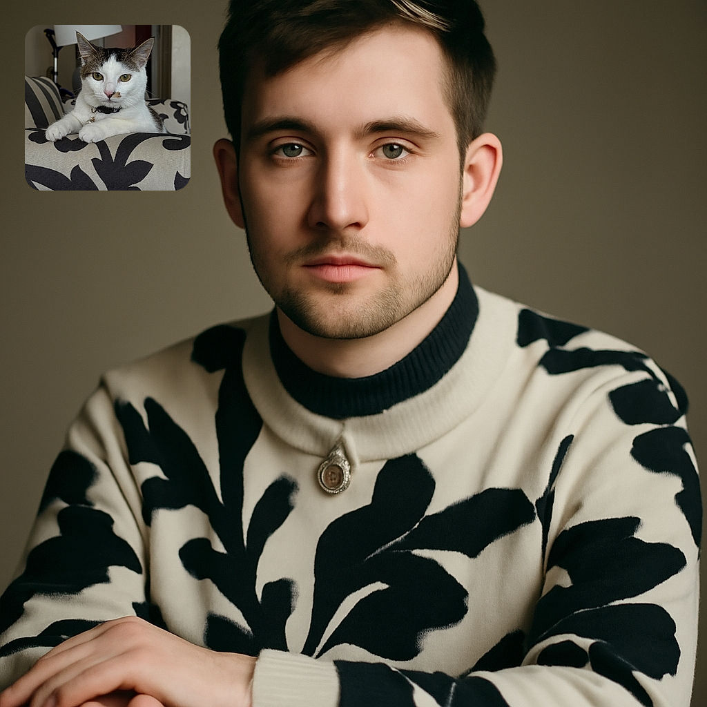 A poised and regal cat lounges elegantly on a patterned couch, staring directly into the camera with calm, inquisitive eyes. The background features a softly blurred lamp and subtle home decor, giving the scene a cozy and intimate vibe.