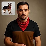 A proud German Shepherd sporting a bright red bandana stands alert in a snowy landscape, looking like the sheriff of the winter wonderland.