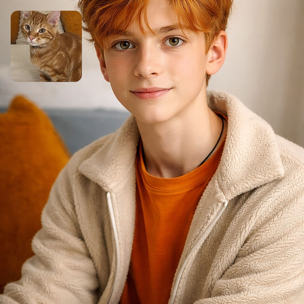 An orange tabby kitten stares at the camera with regal curiosity, whiskers forward and ears at attention — clearly plotting nap-time domination. Fluffy blanket and warm mustard pillows form the cat-approved throne room.
